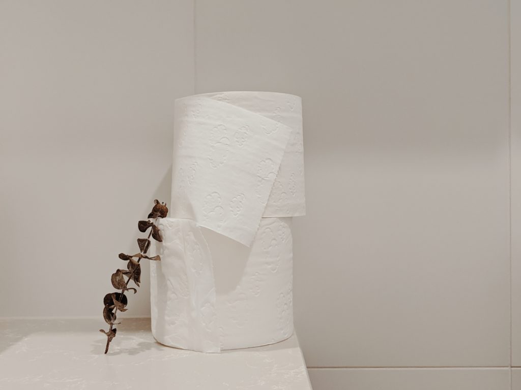 Image of stacked biodegradable toilet paper next to a plant stem.