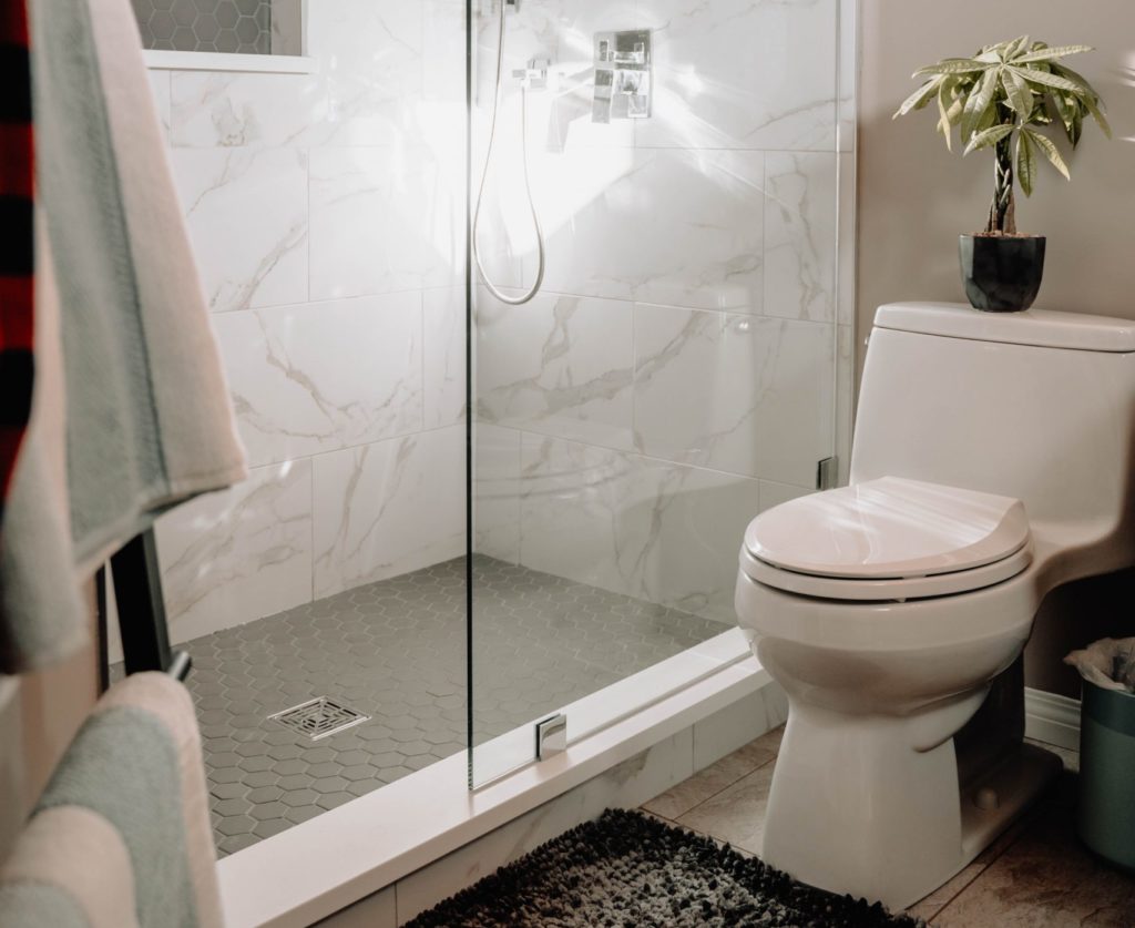 white toilet next to shower